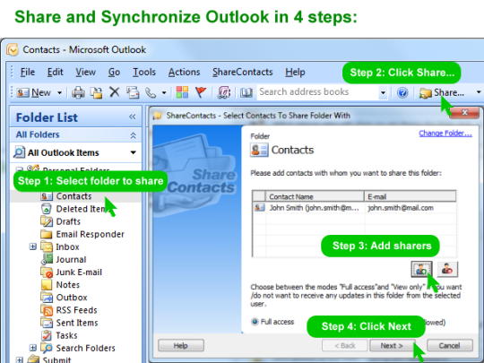 Sync Outlook contacts, share contacts folder, sharing Outlook without server